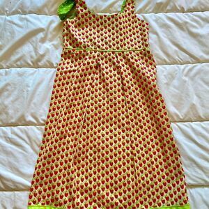 Vintage Handmade Strawberry Print Dress Green Trim